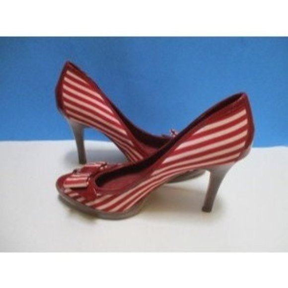 *Sergio Zelcer Vintage Red and White Striped Fabric Patent Peep Toe Pumps - Picture 6 of 10